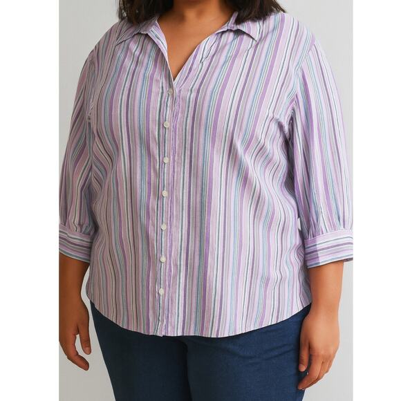 Liz & Me Size 4X 30/32W Lavender Blue Striped Button Up Shirt 3/4 sleeves - Picture 1 of 8